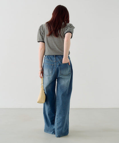 條紋泡泡袖針織短袖上衣