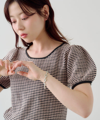 條紋泡泡袖針織短袖上衣