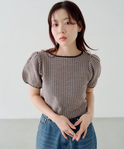 條紋泡泡袖針織短袖上衣