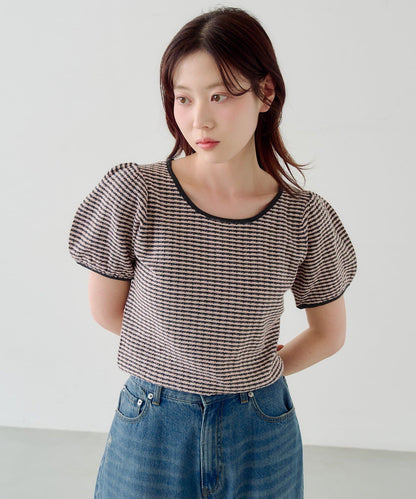 條紋泡泡袖針織短袖上衣