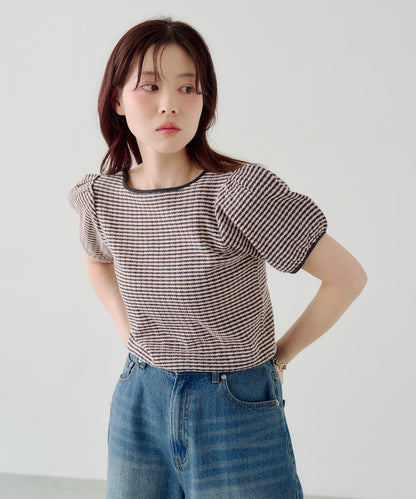 條紋泡泡袖針織短袖上衣