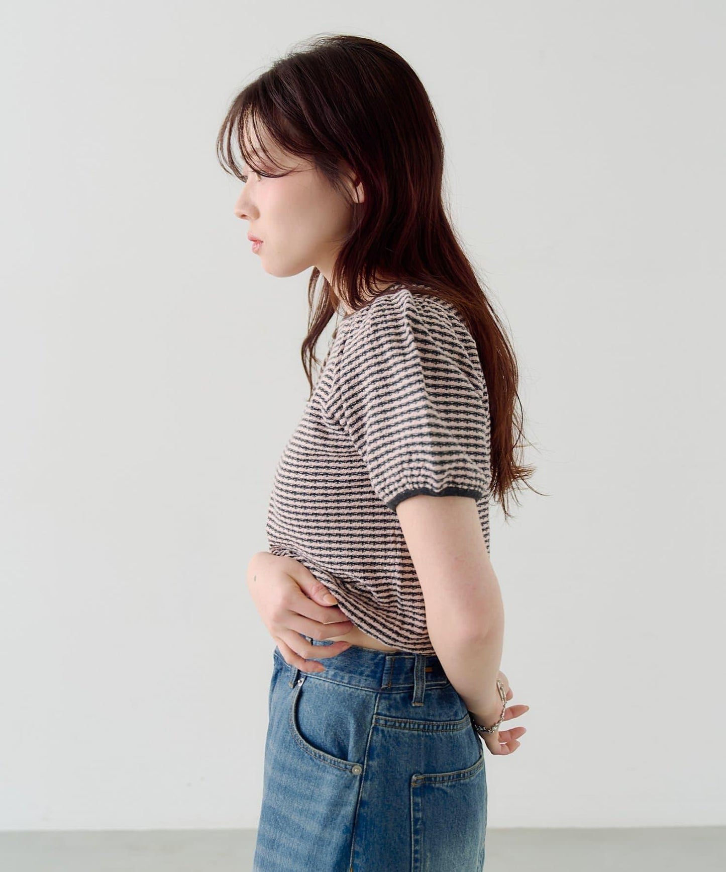 條紋泡泡袖針織短袖上衣