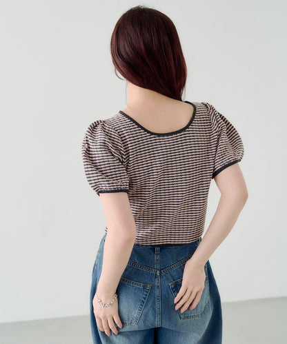 條紋泡泡袖針織短袖上衣