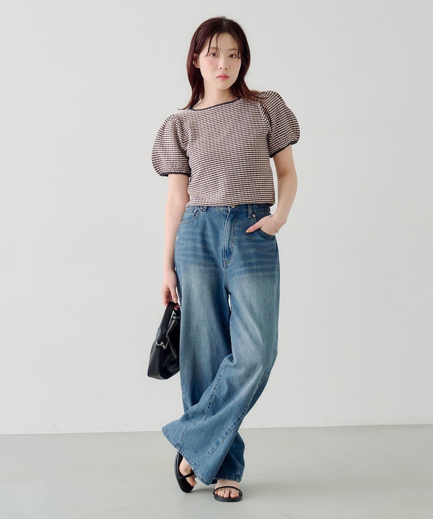 條紋泡泡袖針織短袖上衣