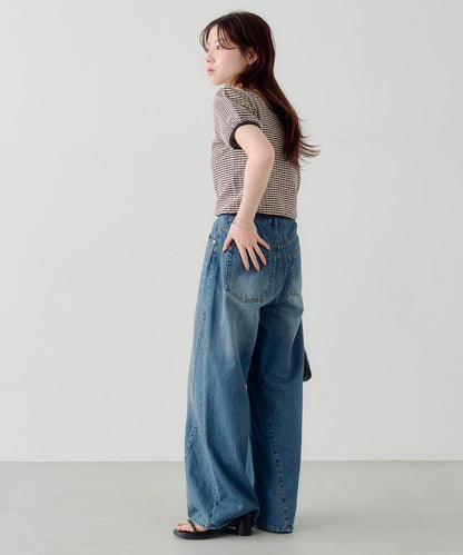 條紋泡泡袖針織短袖上衣