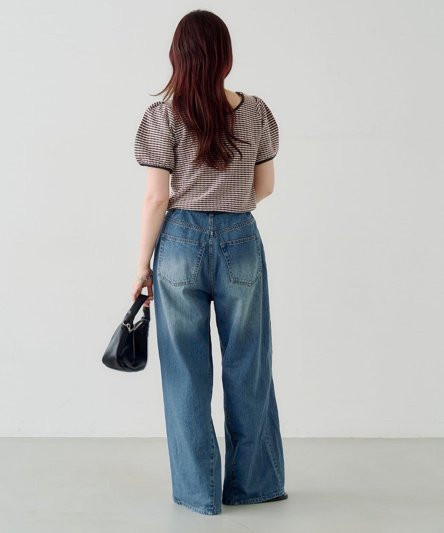 條紋泡泡袖針織短袖上衣