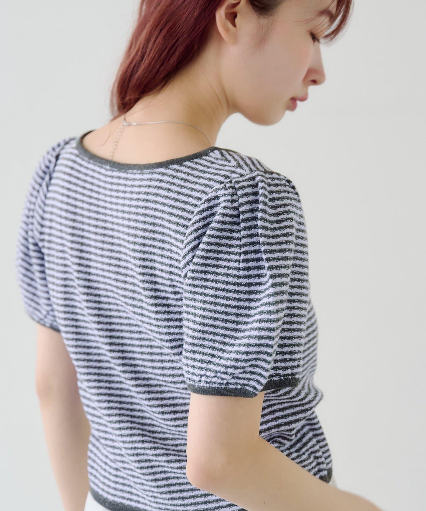 條紋泡泡袖針織短袖上衣