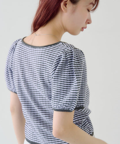 條紋泡泡袖針織短袖上衣