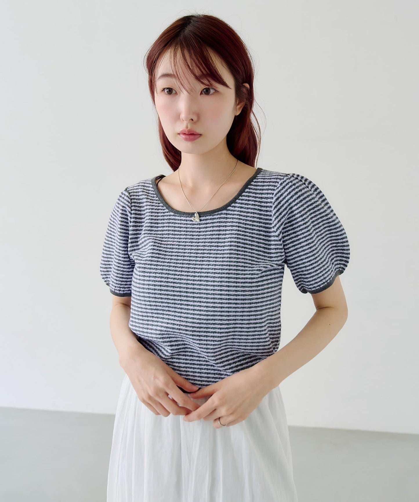 條紋泡泡袖針織短袖上衣