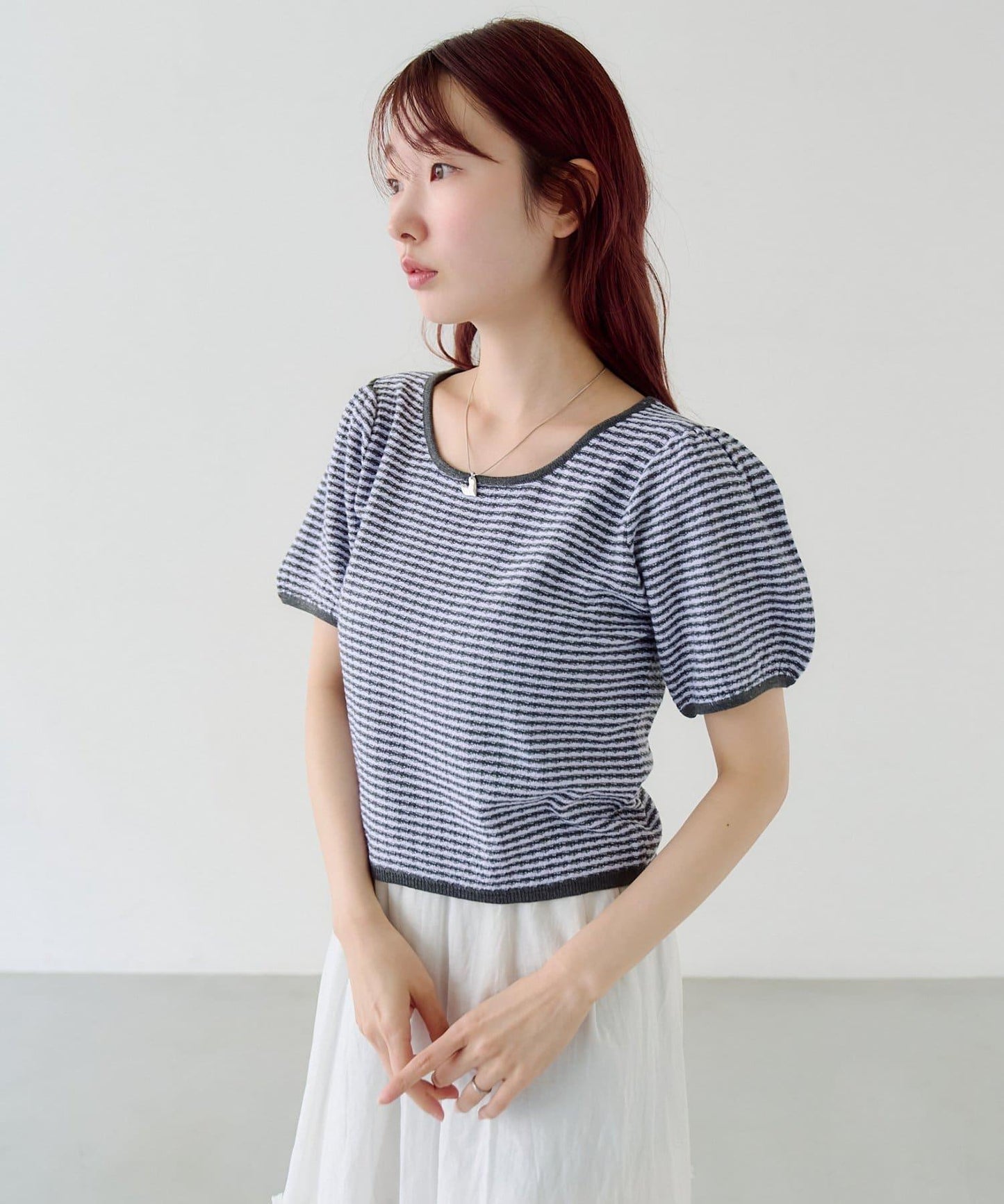 條紋泡泡袖針織短袖上衣