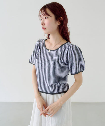 條紋泡泡袖針織短袖上衣