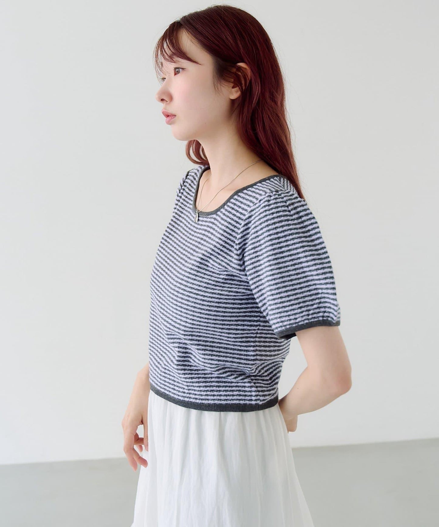 條紋泡泡袖針織短袖上衣
