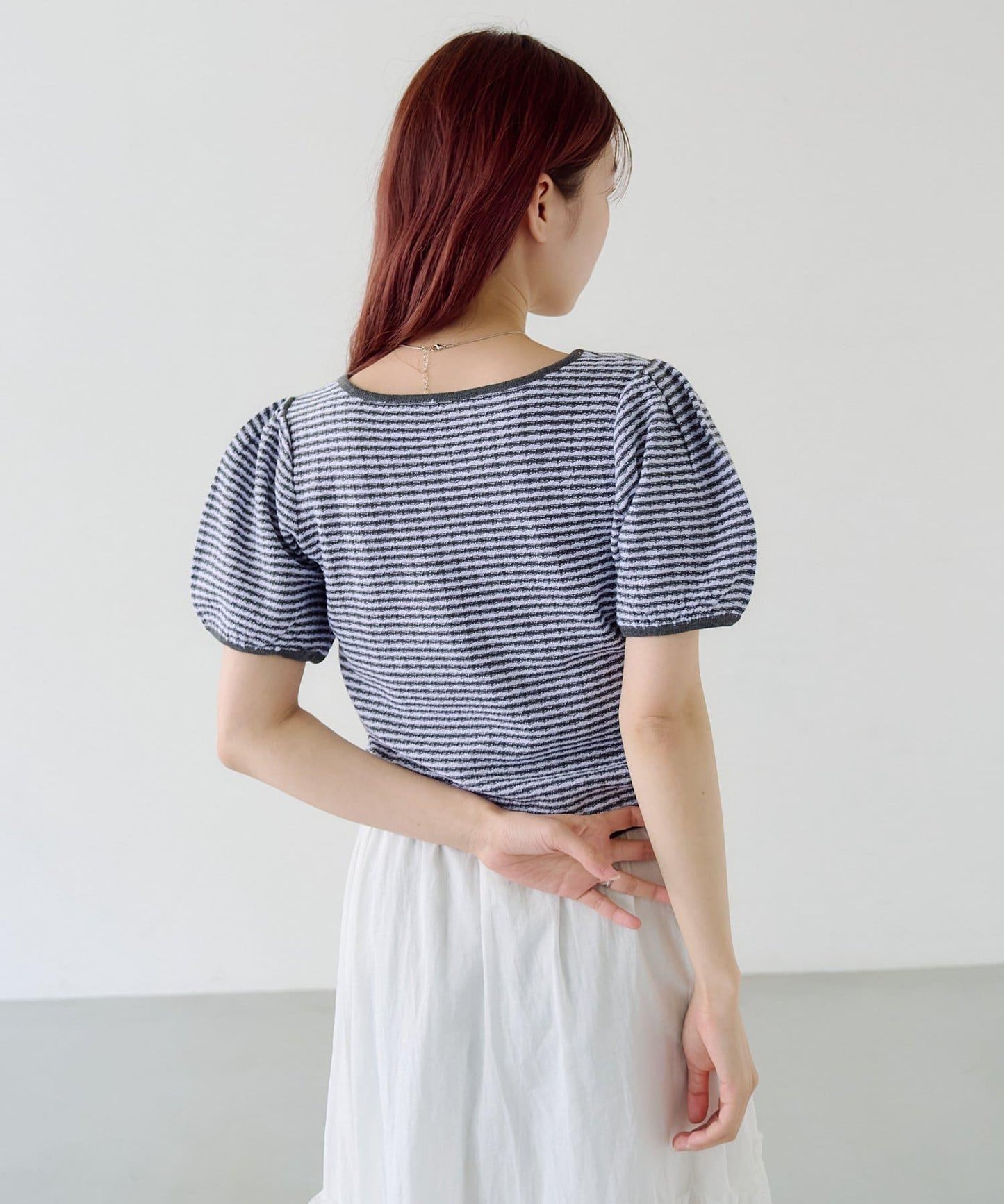 條紋泡泡袖針織短袖上衣