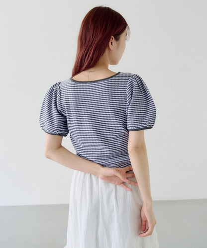 條紋泡泡袖針織短袖上衣
