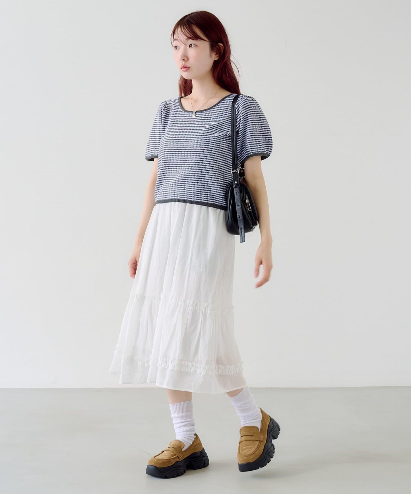 條紋泡泡袖針織短袖上衣