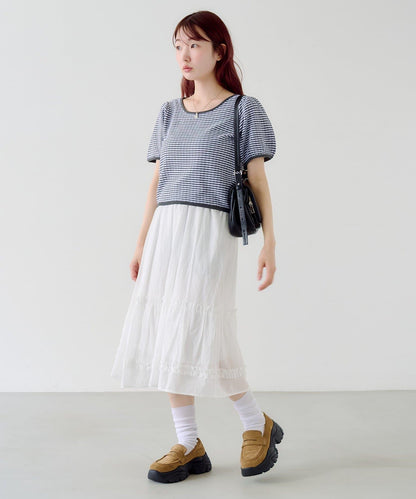 條紋泡泡袖針織短袖上衣