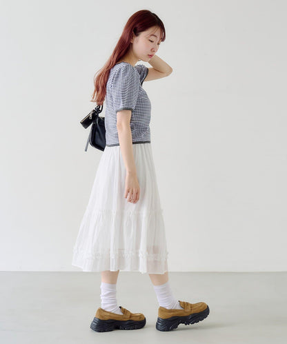 條紋泡泡袖針織短袖上衣