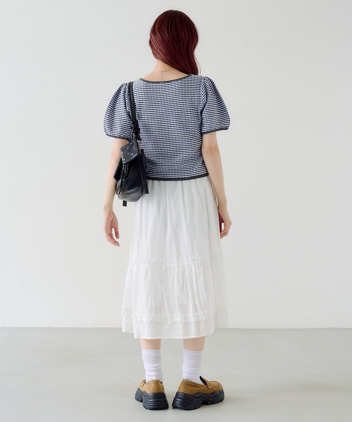 條紋泡泡袖針織短袖上衣