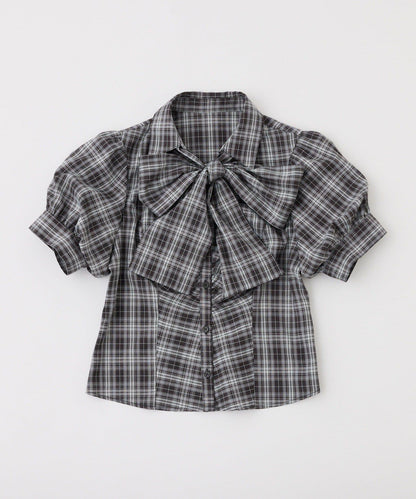 短袖前褶皺蝴蝶結女式襯衫