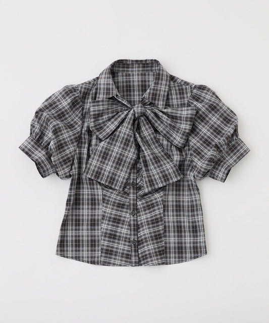 短袖前褶皺蝴蝶結女式襯衫