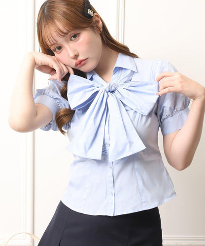 短袖前褶皺蝴蝶結女式襯衫