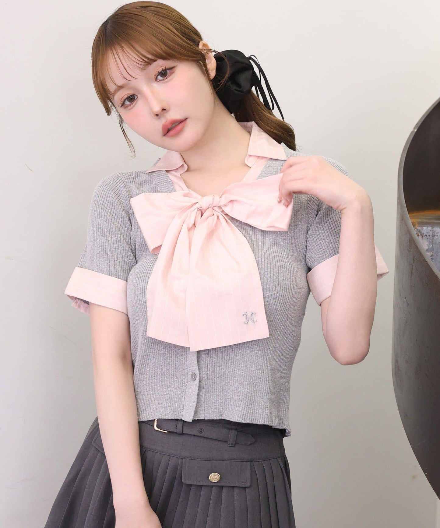可拆卸蝴蝶結 拼接設計 針織上衣