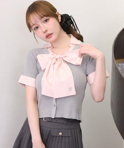 可拆卸蝴蝶結 拼接設計 針織上衣