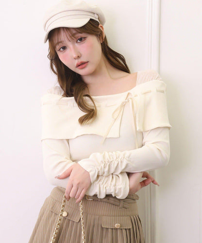 配色蝴蝶結一字肩上衣