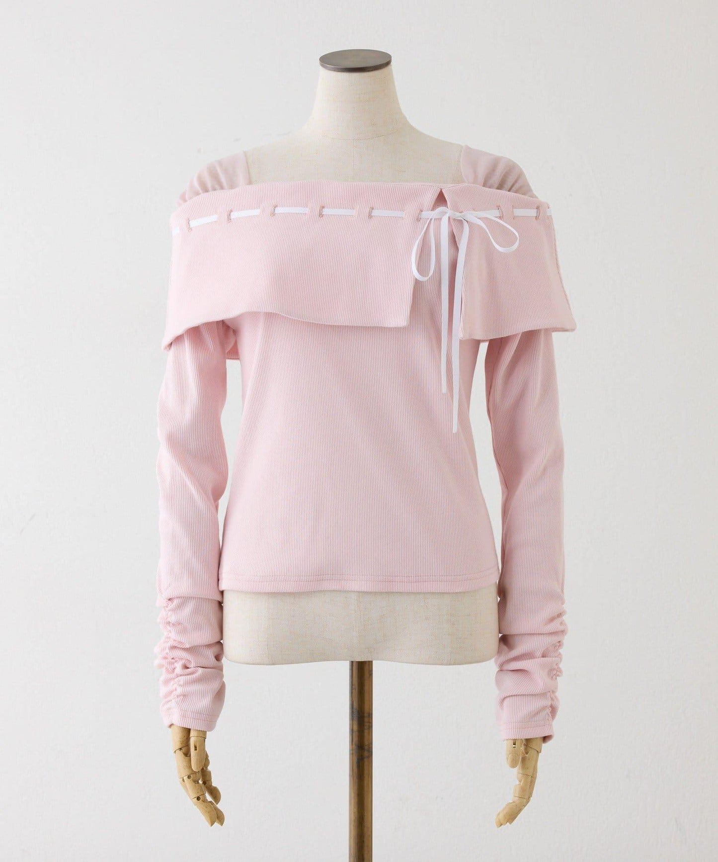 配色蝴蝶結一字肩上衣