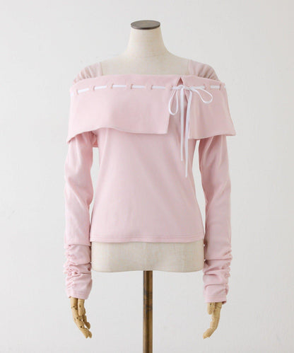 配色蝴蝶結一字肩上衣