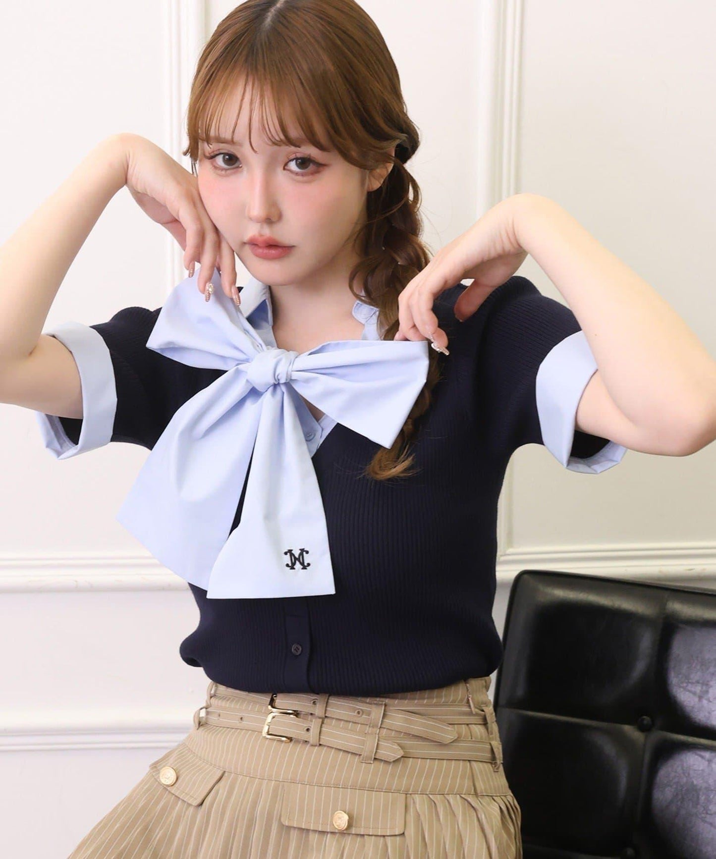 可拆卸蝴蝶結 拼接設計 針織上衣