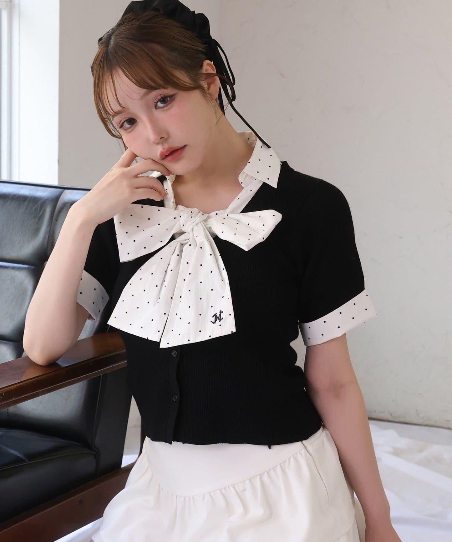 可拆卸蝴蝶結 拼接設計 針織上衣