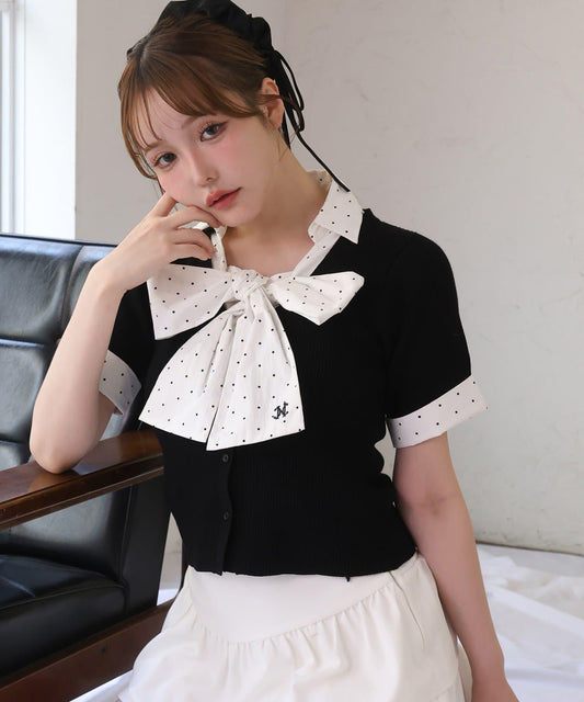 可拆卸蝴蝶結 拼接設計 針織上衣