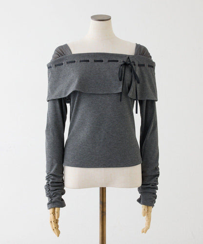 配色蝴蝶結一字肩上衣