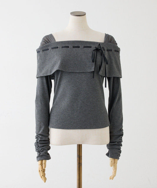 配色蝴蝶結一字肩上衣