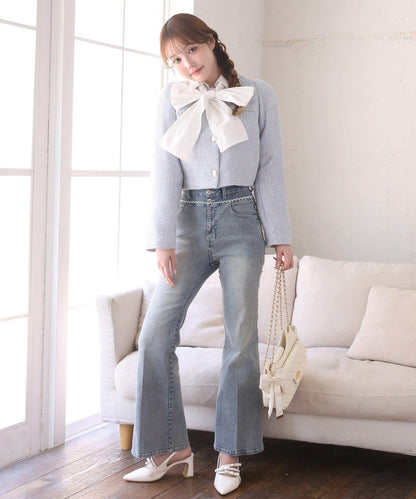 短袖前褶皺蝴蝶結女式襯衫