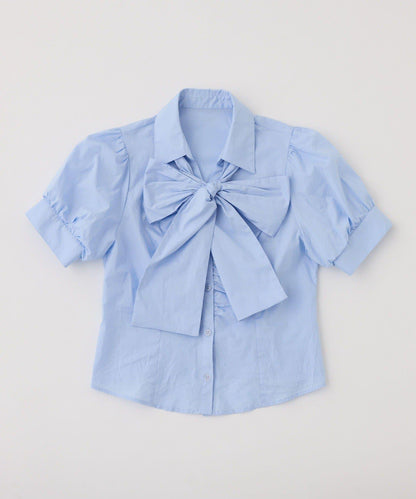 短袖前褶皺蝴蝶結女式襯衫