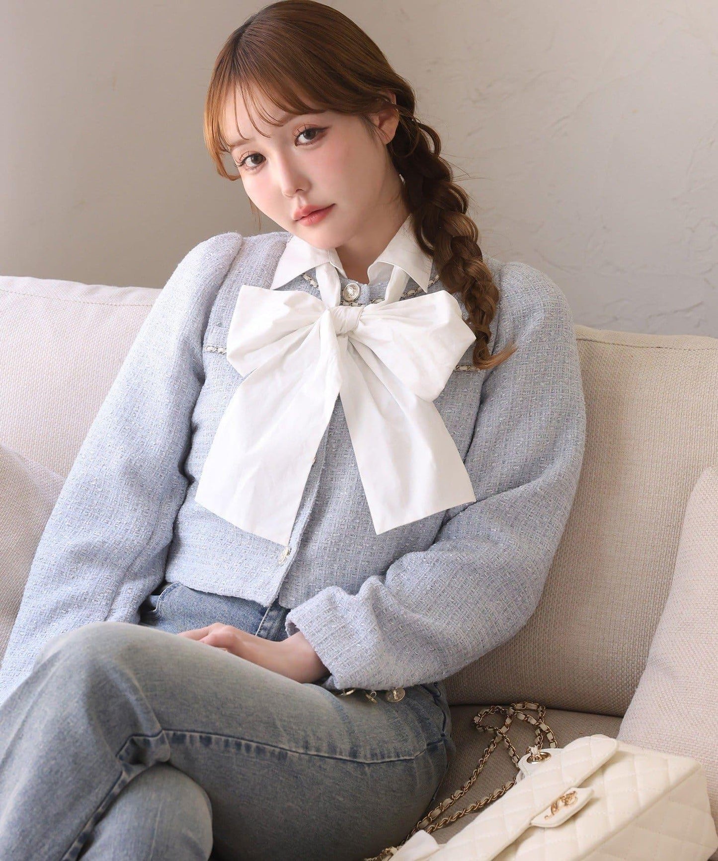 短袖前褶皺蝴蝶結女式襯衫