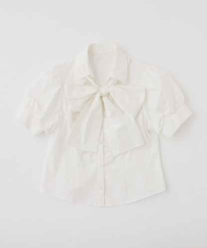 短袖前褶皺蝴蝶結女式襯衫