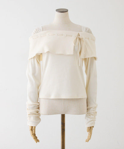 配色蝴蝶結一字肩上衣