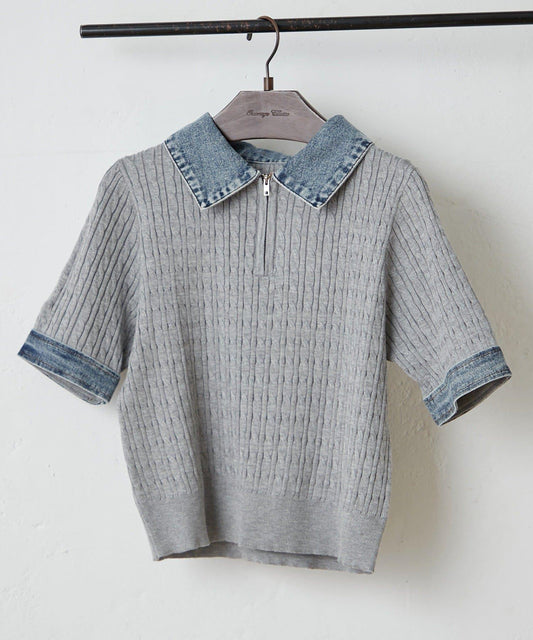 牛仔拼接 半拉鍊 簡約休閒套頭上衣