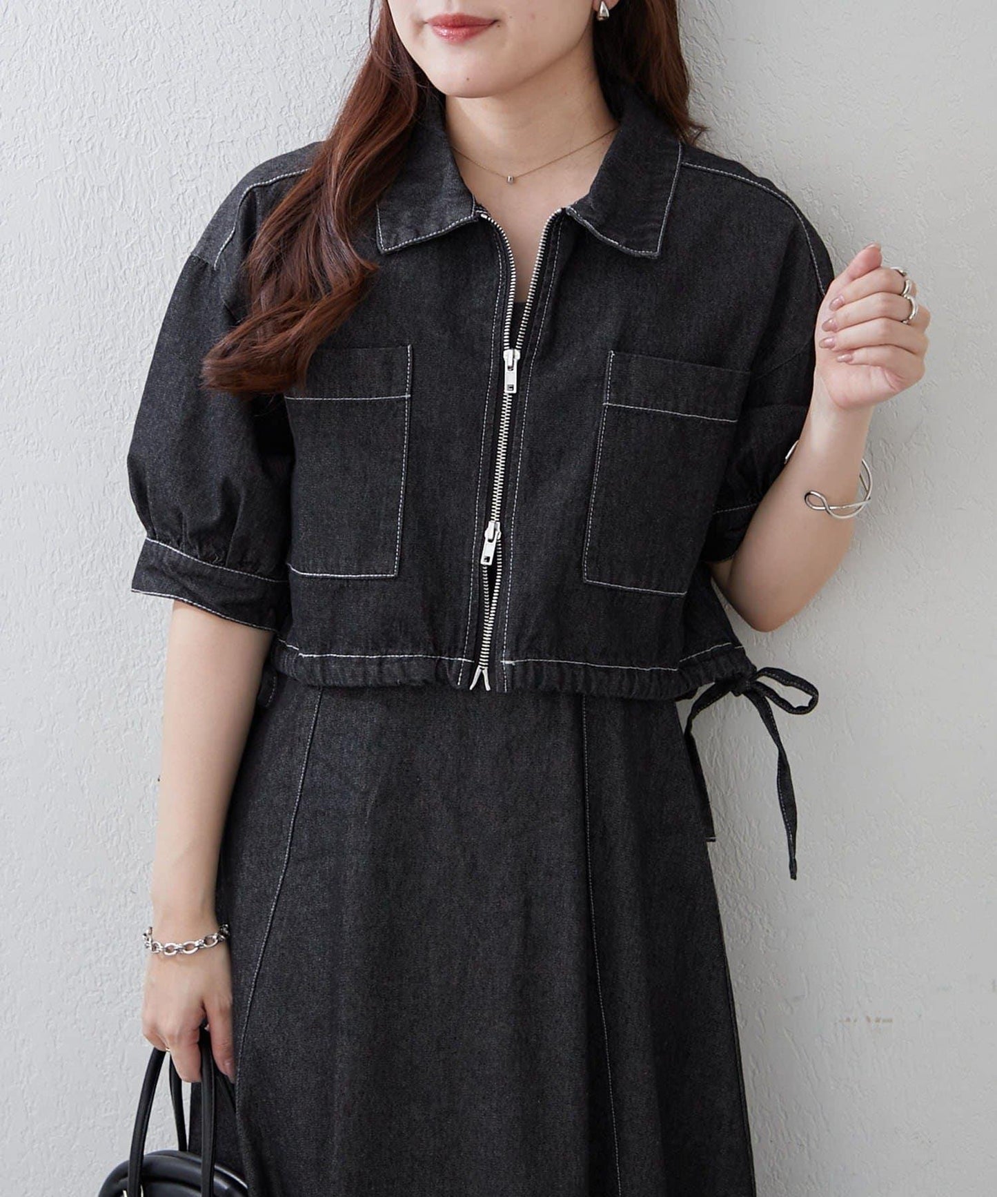 簡約風牛仔五分袖外套＋吊帶連衣裙套裝