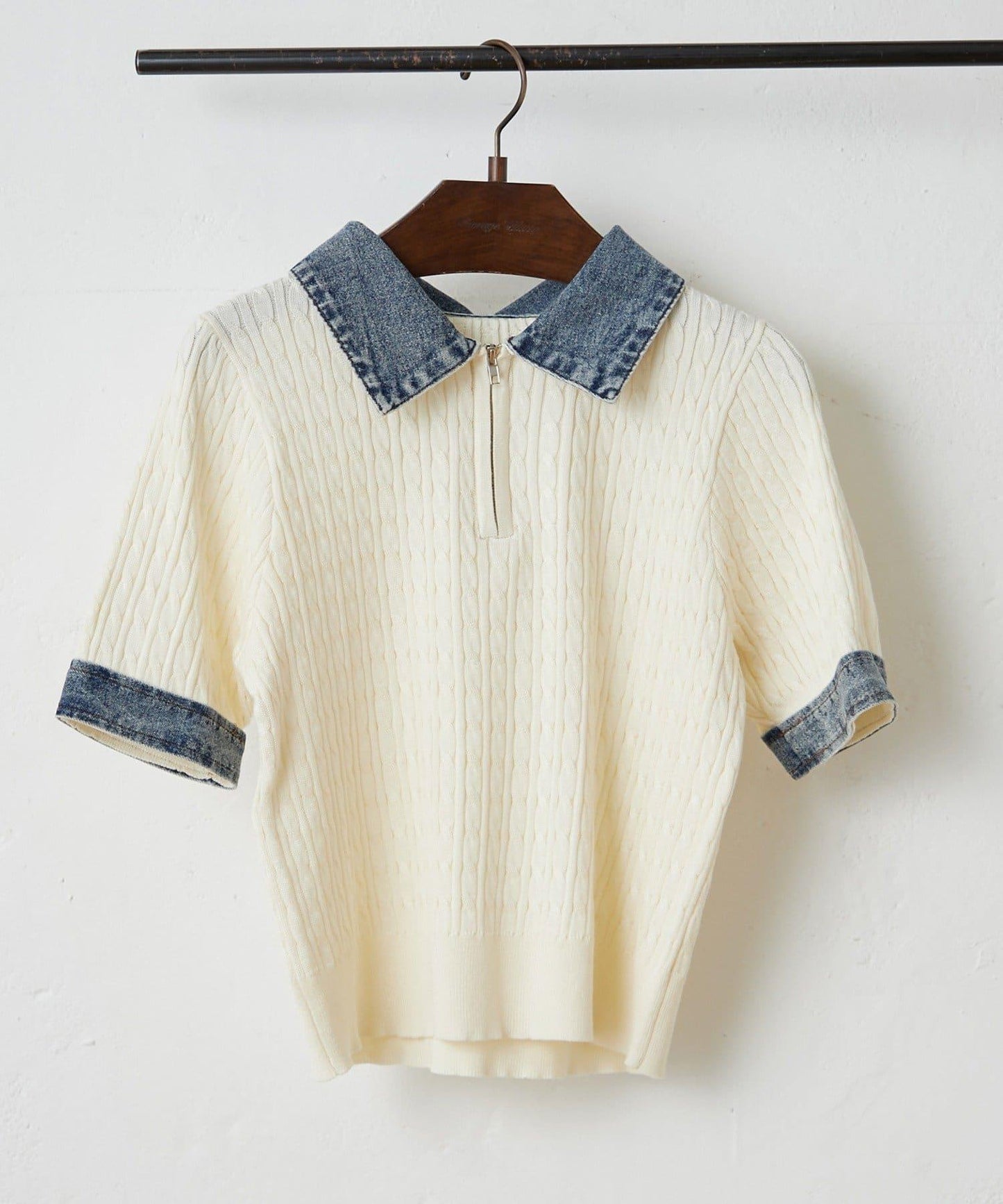 牛仔拼接 半拉鍊 簡約休閒套頭上衣