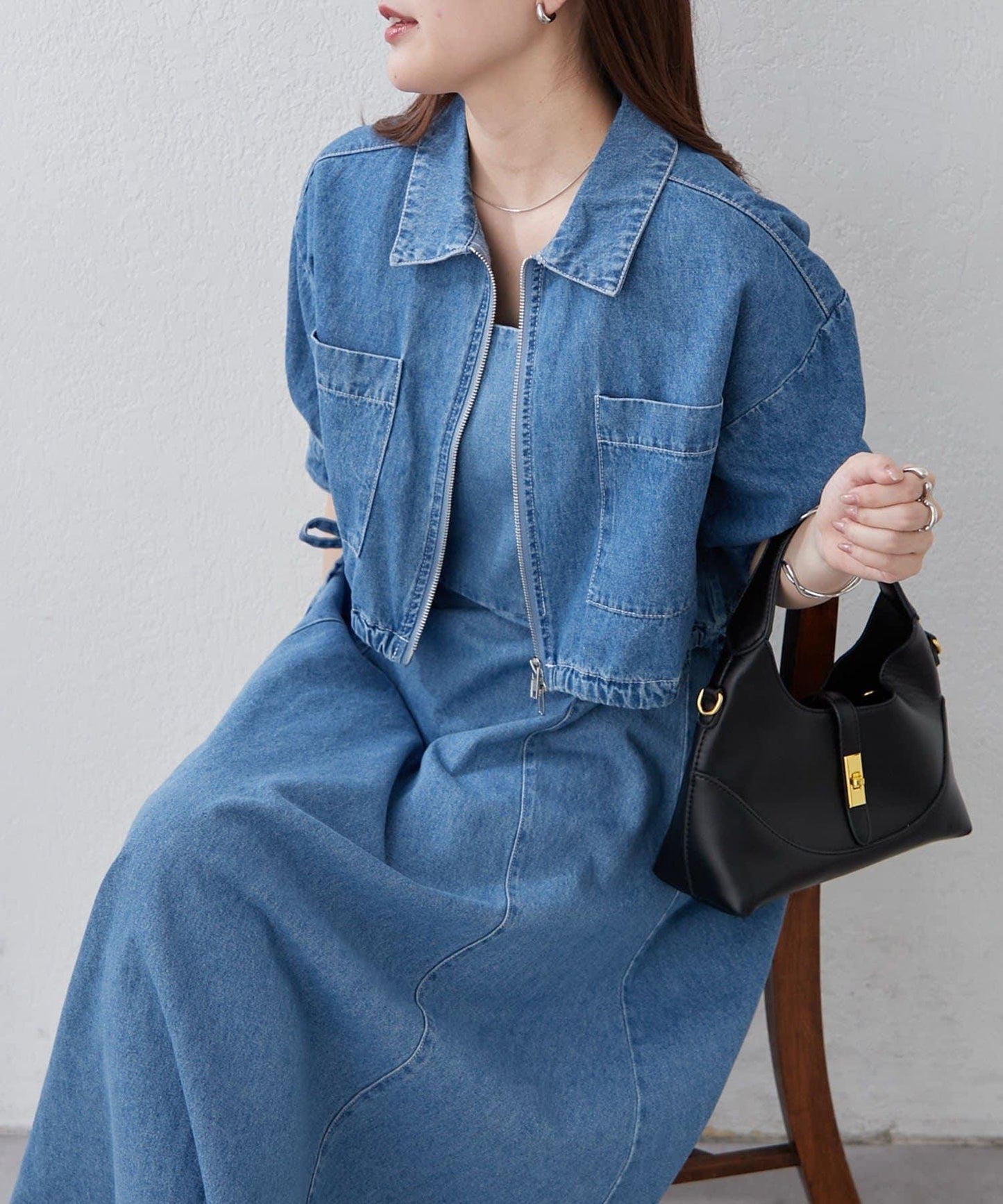 簡約風牛仔五分袖外套＋吊帶連衣裙套裝