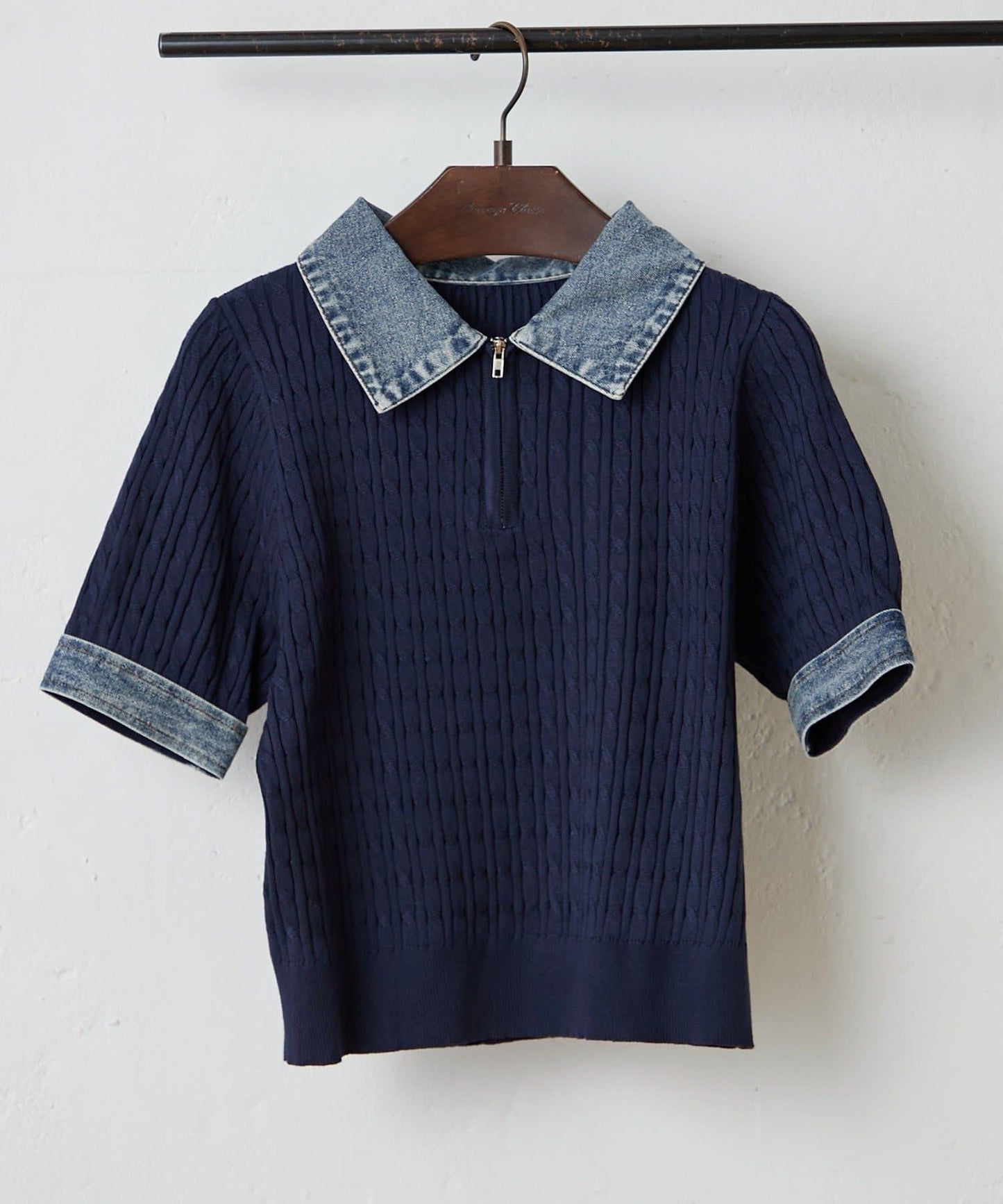 牛仔拼接 半拉鍊 簡約休閒套頭上衣