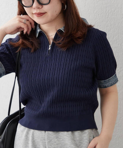 牛仔拼接 半拉鍊 簡約休閒套頭上衣