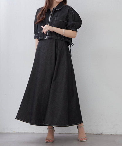 簡約風牛仔五分袖外套＋吊帶連衣裙套裝