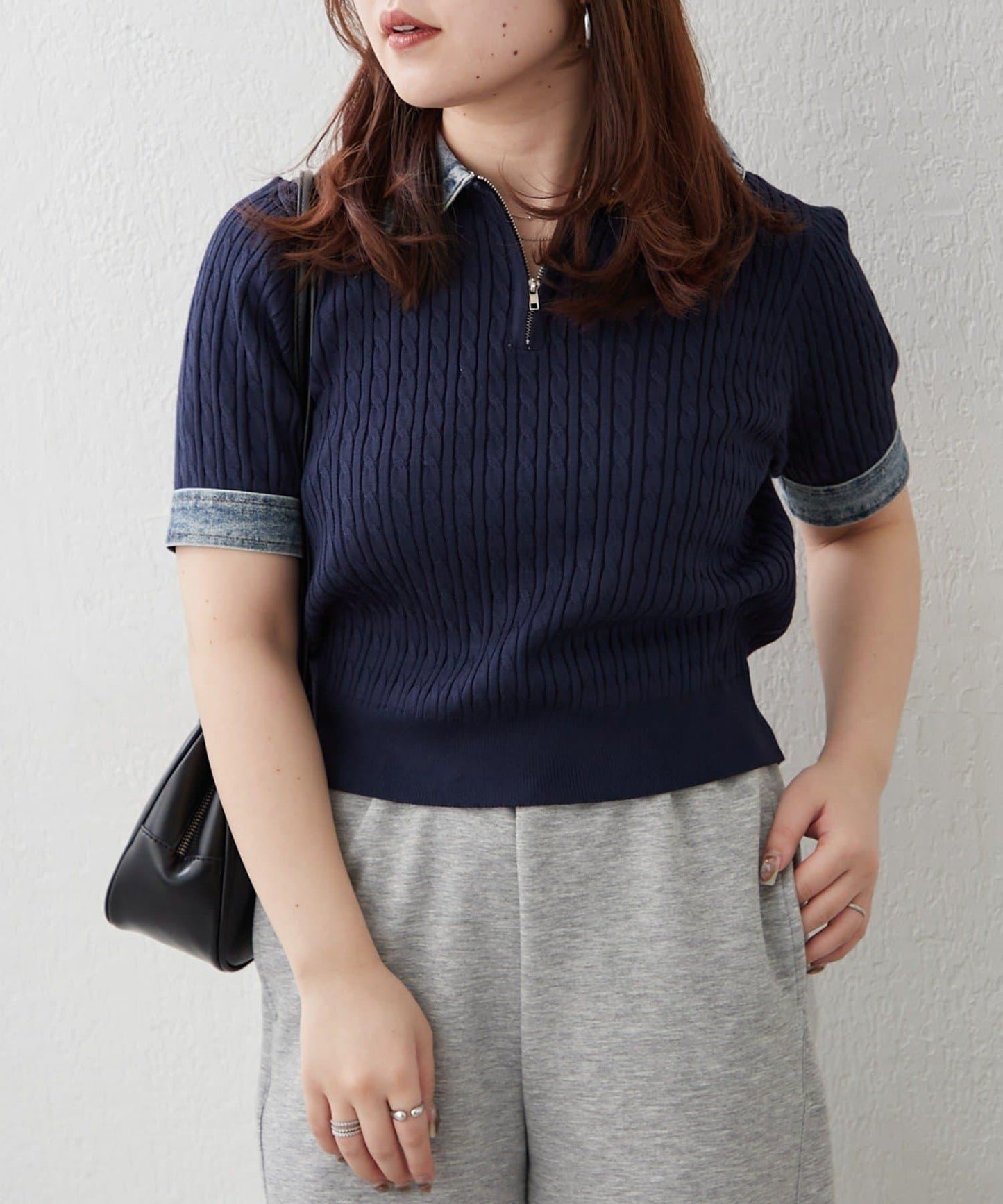 牛仔拼接 半拉鍊 簡約休閒套頭上衣