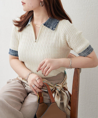 牛仔拼接 半拉鍊 簡約休閒套頭上衣