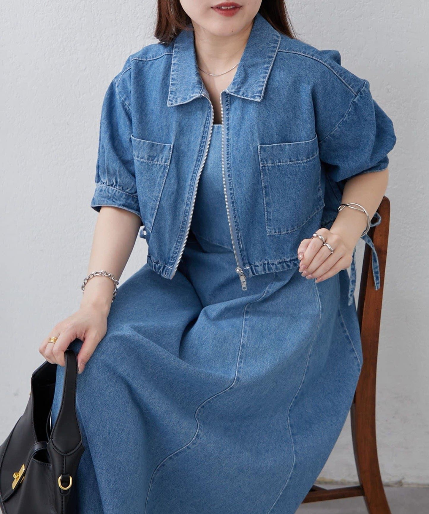 簡約風牛仔五分袖外套＋吊帶連衣裙套裝